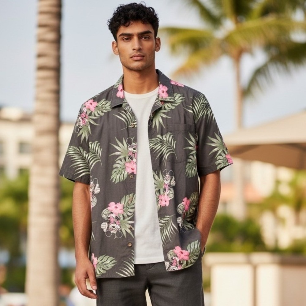 Disney x Neff Mickey Mouse Tropical Hawaiian Shirt Mens Large Grey Pink Floral